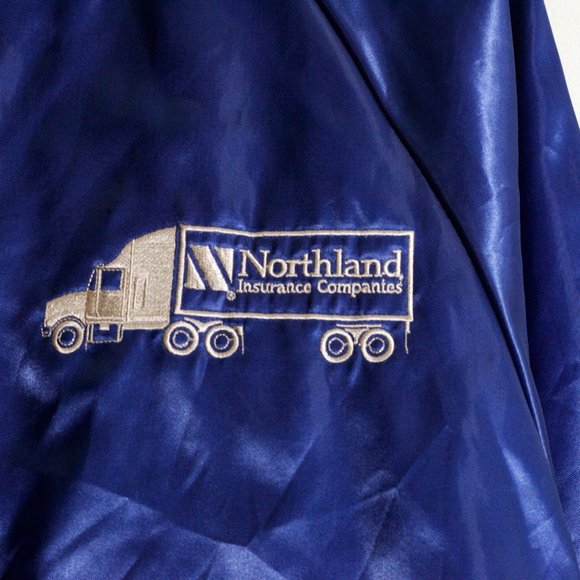 Vintage 80s Trucker Satin Bomber Style Jacket Snap Cardinal USA Reflective Blue - Picture 5 of 10